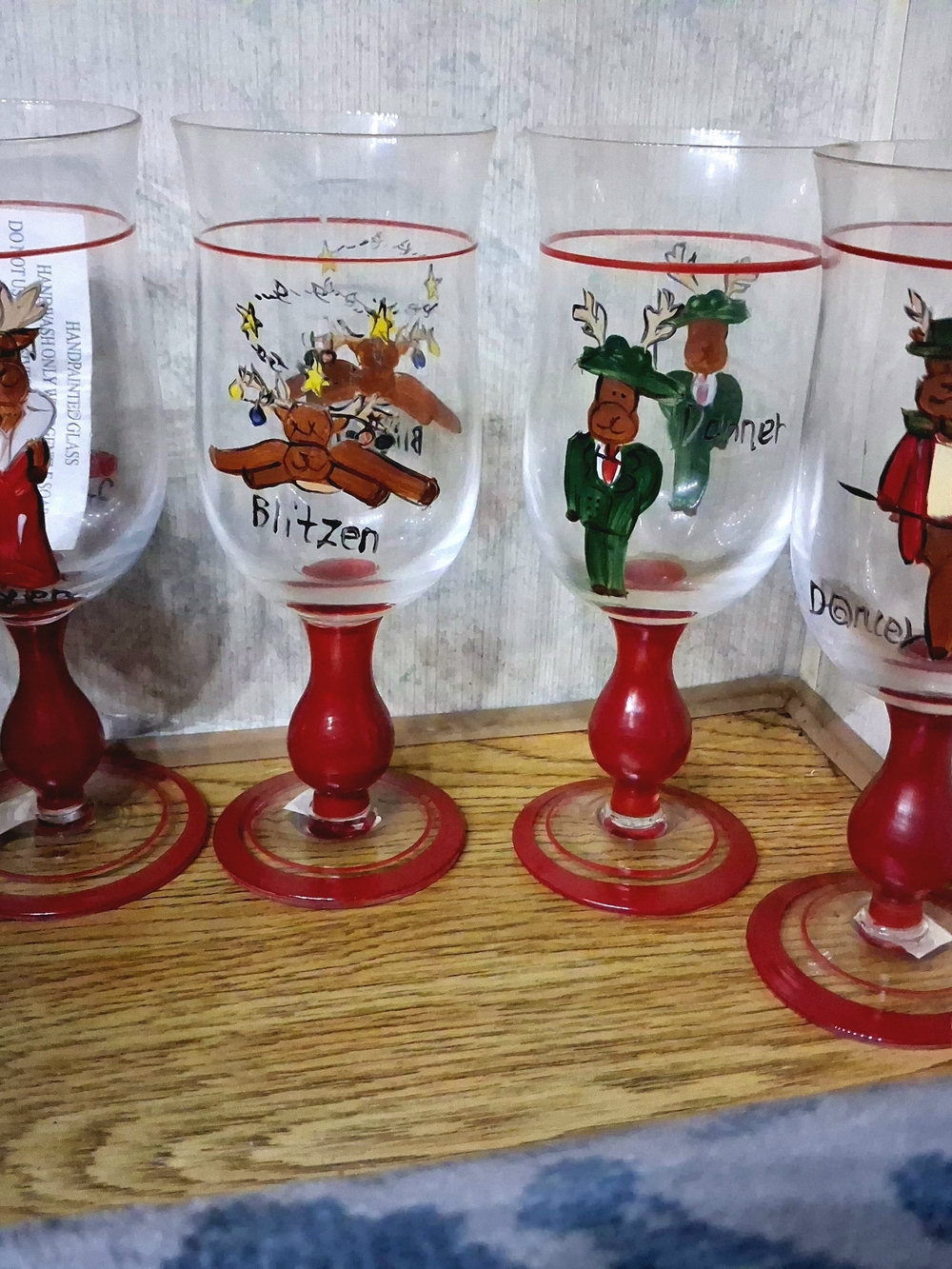 Set of 4 Hand Painted Christmas Reindeer Wine Goblets Glasses Styrofoam Box